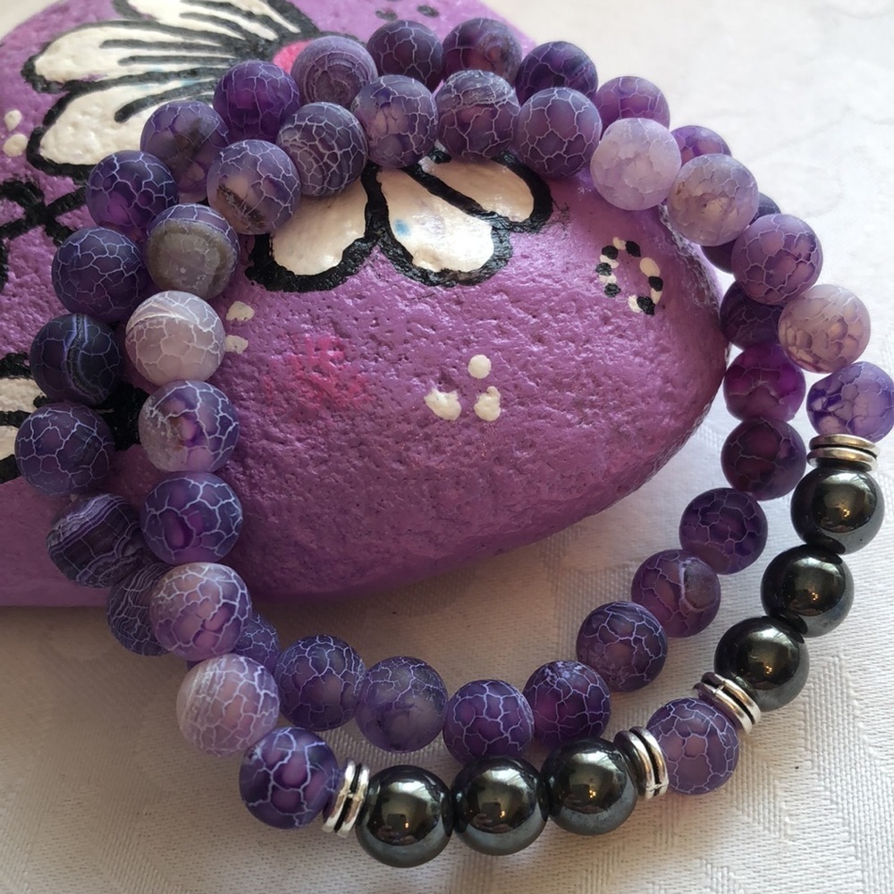 Unisex 2 Amethyst Purple Stretch Bracelets with Hematite beads